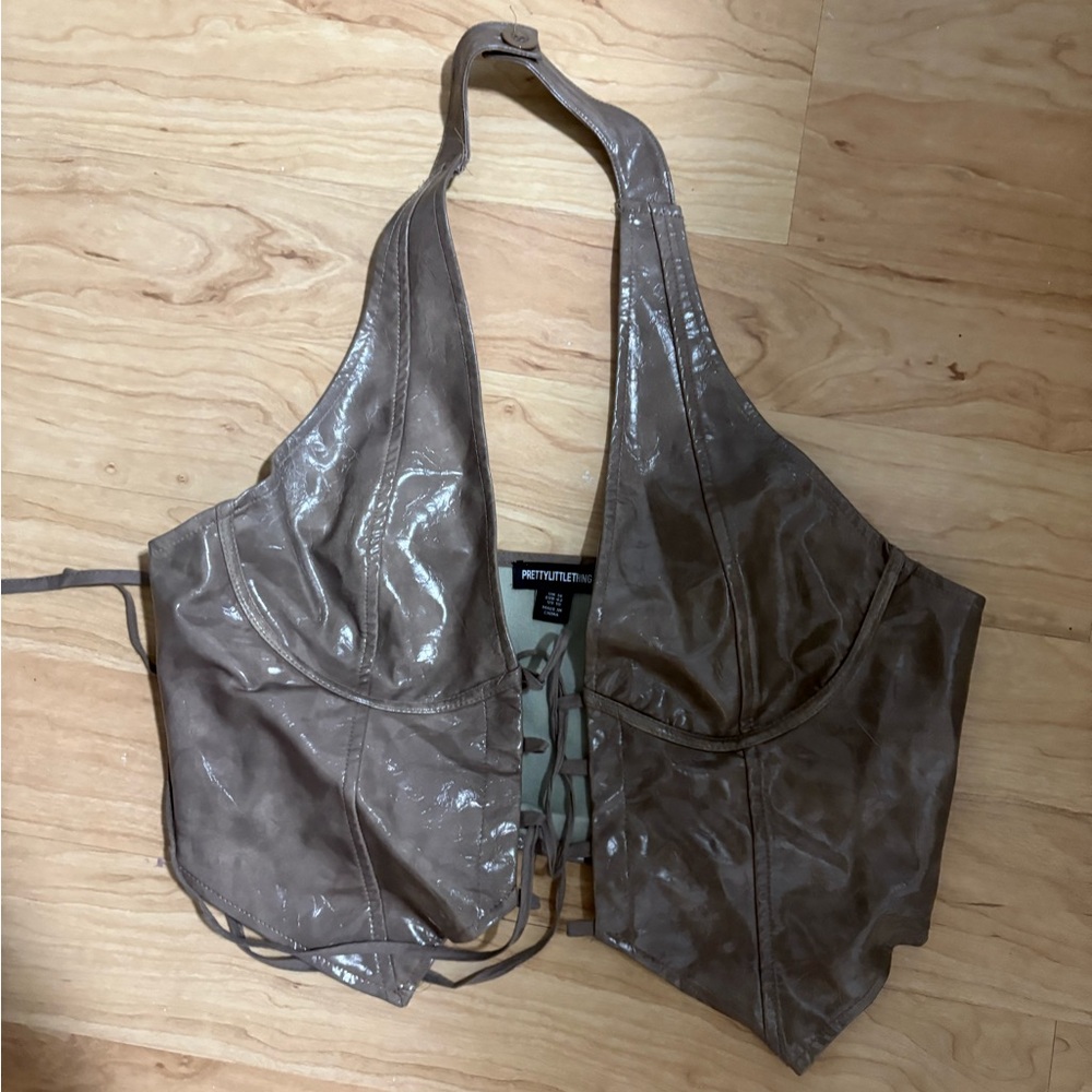 PrettyLittleThing Shiny Brown Faux Leather Halter Top